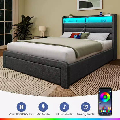 Cadre de lit Greenstell avec tiroirs de rangement, tête de lit capitonnée avec rangement et station de charge et lumière LED et tiroirs de rangement