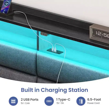 Cadre de lit Greenstell avec tiroirs de rangement, tête de lit capitonnée avec rangement et station de charge et lumière LED et tiroirs de rangement