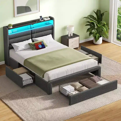 Cadre de lit Greenstell avec tiroirs de rangement, tête de lit capitonnée avec rangement et station de charge et lumière LED et tiroirs de rangement