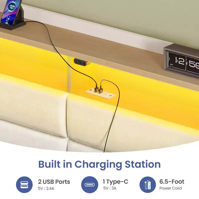 Cadre de lit Greenstell avec tiroirs de rangement, tête de lit capitonnée avec rangement et station de charge et lumière LED et tiroirs de rangement