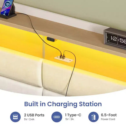 Cadre de lit Greenstell avec tiroirs de rangement, tête de lit capitonnée avec rangement et station de charge et lumière LED et tiroirs de rangement