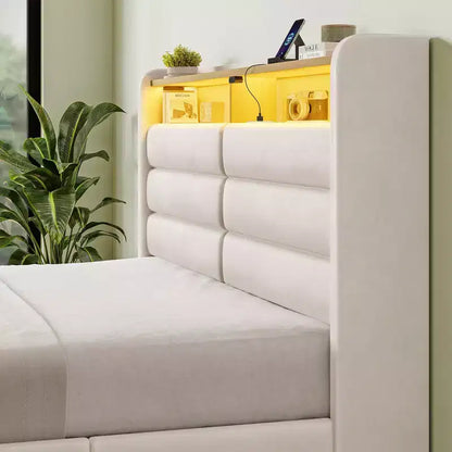 Cadre de lit Greenstell avec tiroirs de rangement, tête de lit capitonnée avec rangement et station de charge et lumière LED et tiroirs de rangement