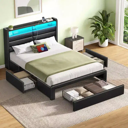 Cadre de lit Greenstell avec tiroirs de rangement, tête de lit capitonnée avec rangement et station de charge et lumière LED et tiroirs de rangement