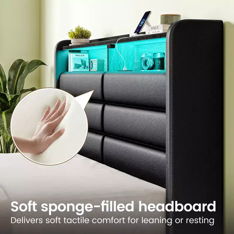 Cadre de lit Greenstell avec tiroirs de rangement, tête de lit capitonnée avec rangement et station de charge et lumière LED et tiroirs de rangement