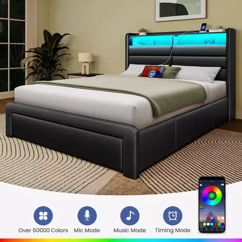 Cadre de lit Greenstell avec tiroirs de rangement, tête de lit capitonnée avec rangement et station de charge et lumière LED et tiroirs de rangement