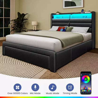 Cadre de lit Greenstell avec tiroirs de rangement, tête de lit capitonnée avec rangement et station de charge et lumière LED et tiroirs de rangement