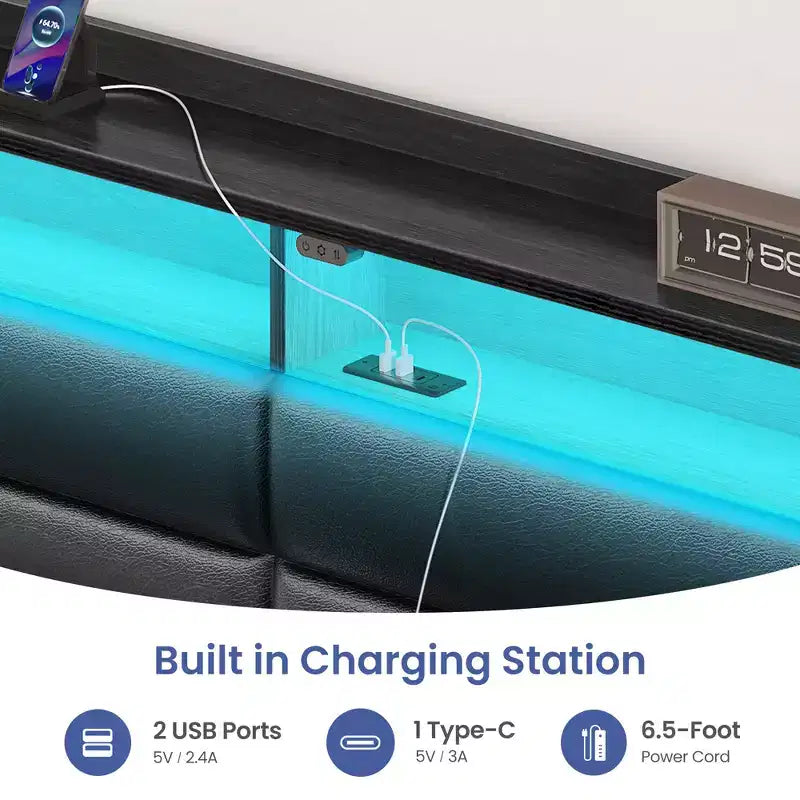 Cadre de lit Greenstell avec tiroirs de rangement, tête de lit capitonnée avec rangement et station de charge et lumière LED et tiroirs de rangement