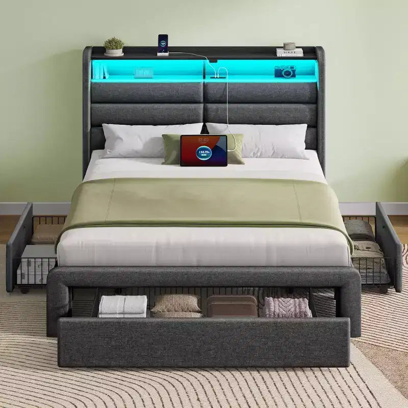 Cadre de lit Greenstell avec tiroirs de rangement, tête de lit capitonnée avec rangement et station de charge et lumière LED et tiroirs de rangement