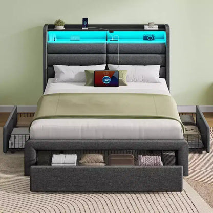Cadre de lit Greenstell avec tiroirs de rangement, tête de lit capitonnée avec rangement et station de charge et lumière LED et tiroirs de rangement