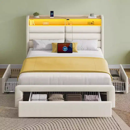 Cadre de lit Greenstell avec tiroirs de rangement, tête de lit capitonnée avec rangement et station de charge et lumière LED et tiroirs de rangement