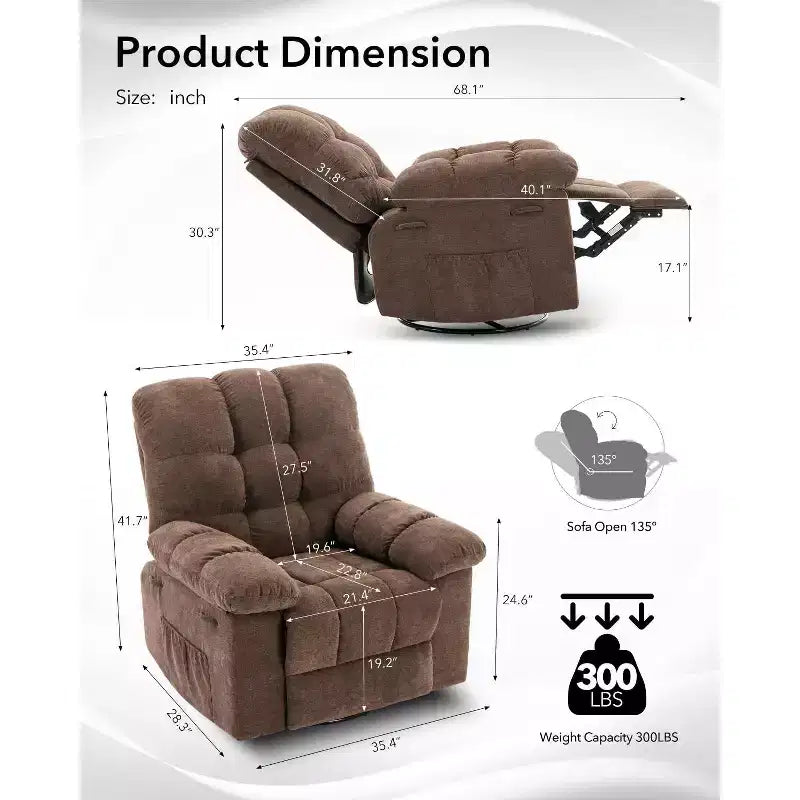 Fauteuil inclinable surdimensionné pivotant à 360°, capacité de poids 136 kg, fauteuils inclinables manuels extra larges, fauteuil paresseux simple en chenille