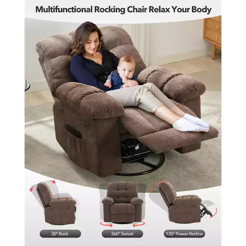 Fauteuil inclinable surdimensionné pivotant à 360°, capacité de poids 136 kg, fauteuils inclinables manuels extra larges, fauteuil paresseux simple en chenille