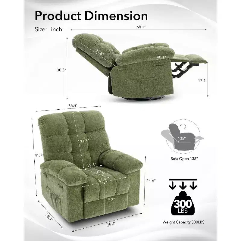 Fauteuil inclinable surdimensionné pivotant à 360°, capacité de poids 136 kg, fauteuils inclinables manuels extra larges, fauteuil paresseux simple en chenille