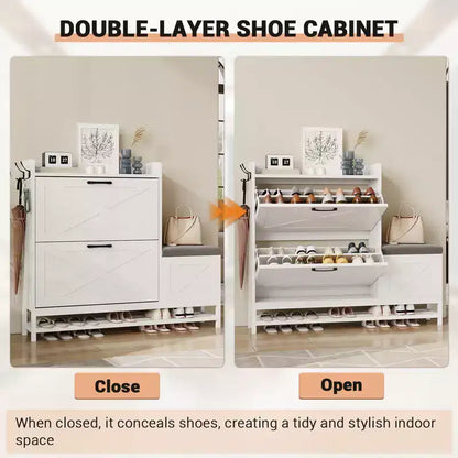 Meuble à chaussures avec 2 tiroirs basculants et coussin d'assise rembourré, pour entrée, couloir, en bois antiseptique