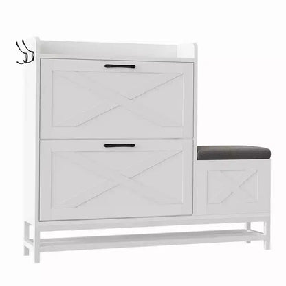 Meuble à chaussures avec 2 tiroirs basculants et coussin d'assise rembourré, pour entrée, couloir, en bois antiseptique