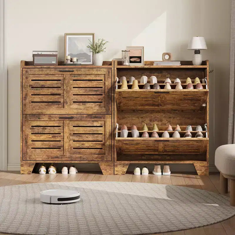 Meuble à chaussures de ferme avec 2 tiroirs basculants et 2 crochets, meuble d'entrée en bois étroit pour petits espaces, appartements,
