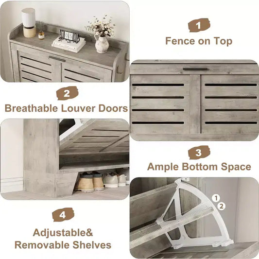 Meuble à chaussures de ferme avec 2 tiroirs basculants et 2 crochets, meuble d'entrée en bois étroit pour petits espaces, appartements,