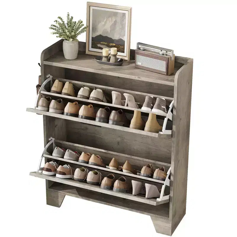 Farmhouse Shoe Cabinet with 2 Flip Down Drawers & 2 Hooks, Narrow Wood Hallway Cabinet for Small Spaces, Apartments,