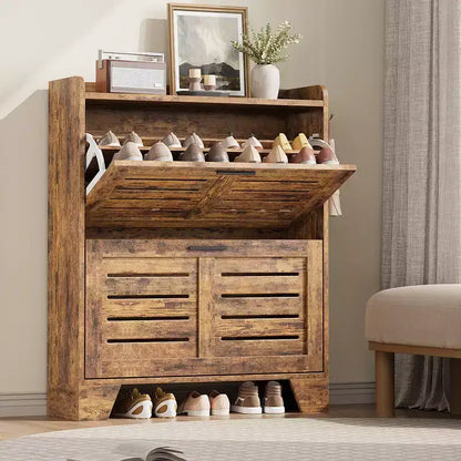 Meuble à chaussures de ferme avec 2 tiroirs basculants et 2 crochets, meuble d'entrée en bois étroit pour petits espaces, appartements,