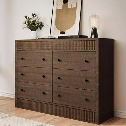 Commode cannelée à 6 tiroirs, commode de 120 cm de large à 6 tiroirs avec panneau cannelé à double ondulation, meuble de rangement en bois pour chambre à coucher, salon, chambre d'enfant