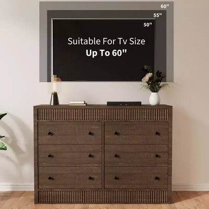 Commode cannelée à 6 tiroirs, commode de 120 cm de large à 6 tiroirs avec panneau cannelé à double ondulation, meuble de rangement en bois pour chambre à coucher, salon, chambre d'enfant