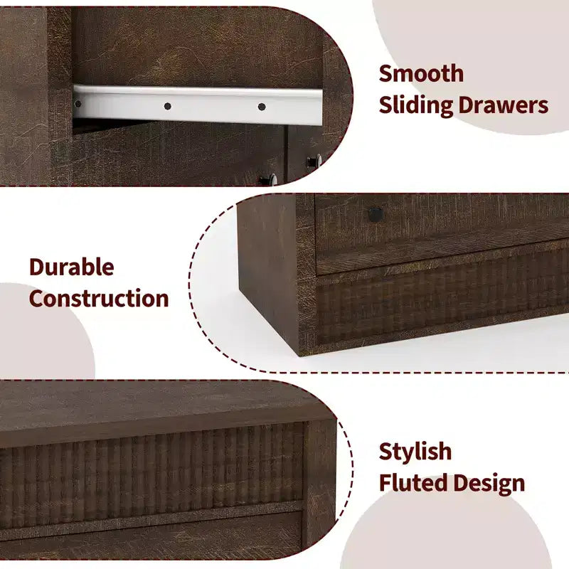 Commode cannelée à 6 tiroirs, commode de 120 cm de large à 6 tiroirs avec panneau cannelé à double ondulation, meuble de rangement en bois pour chambre à coucher, salon, chambre d'enfant