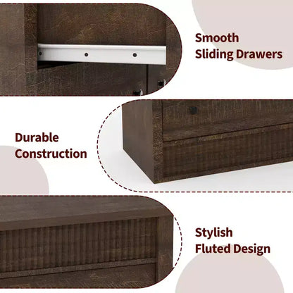 Commode cannelée à 6 tiroirs, commode de 120 cm de large à 6 tiroirs avec panneau cannelé à double ondulation, meuble de rangement en bois pour chambre à coucher, salon, chambre d'enfant