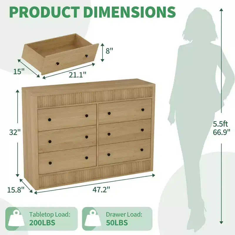 Commode cannelée à 6 tiroirs, commode de 120 cm de large à 6 tiroirs avec panneau cannelé à double ondulation, meuble de rangement en bois pour chambre à coucher, salon, chambre d'enfant