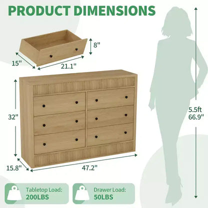 Commode cannelée à 6 tiroirs, commode de 120 cm de large à 6 tiroirs avec panneau cannelé à double ondulation, meuble de rangement en bois pour chambre à coucher, salon, chambre d'enfant