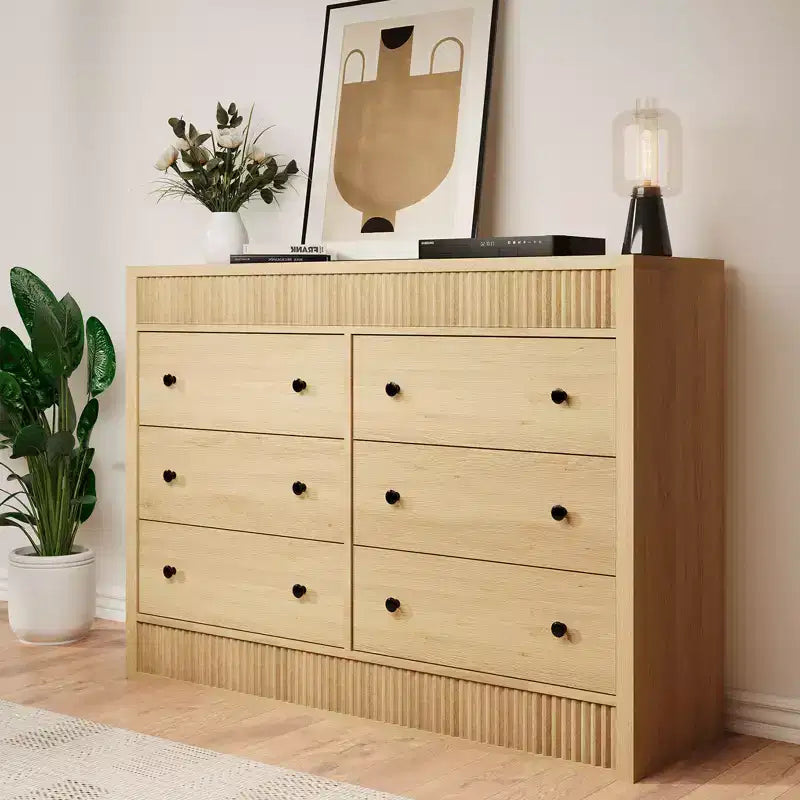 Commode cannelée à 6 tiroirs, commode de 120 cm de large à 6 tiroirs avec panneau cannelé à double ondulation, meuble de rangement en bois pour chambre à coucher, salon, chambre d'enfant