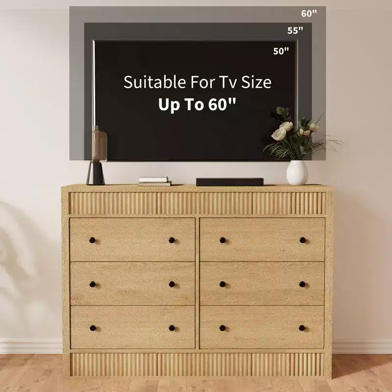Commode cannelée à 6 tiroirs, commode de 120 cm de large à 6 tiroirs avec panneau cannelé à double ondulation, meuble de rangement en bois pour chambre à coucher, salon, chambre d'enfant