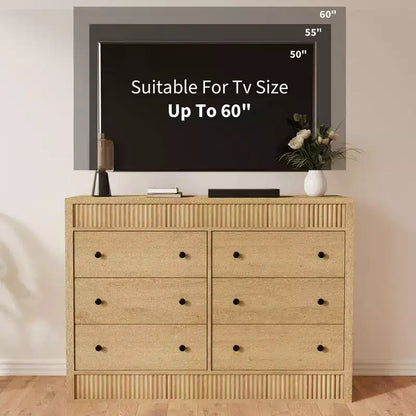Commode cannelée à 6 tiroirs, commode de 120 cm de large à 6 tiroirs avec panneau cannelé à double ondulation, meuble de rangement en bois pour chambre à coucher, salon, chambre d'enfant