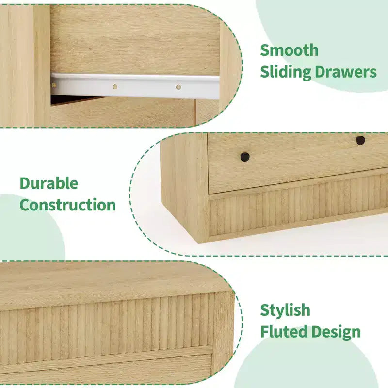 Commode cannelée à 6 tiroirs, commode de 120 cm de large à 6 tiroirs avec panneau cannelé à double ondulation, meuble de rangement en bois pour chambre à coucher, salon, chambre d'enfant