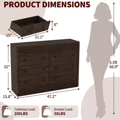 Commode cannelée à 6 tiroirs, commode de 120 cm de large à 6 tiroirs avec panneau cannelé à double ondulation, meuble de rangement en bois pour chambre à coucher, salon, chambre d'enfant