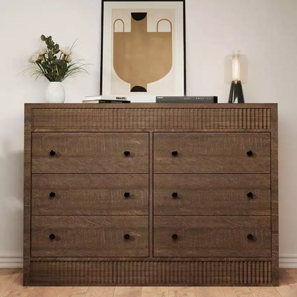 Commode cannelée à 6 tiroirs, commode de 120 cm de large à 6 tiroirs avec panneau cannelé à double ondulation, meuble de rangement en bois pour chambre à coucher, salon, chambre d'enfant