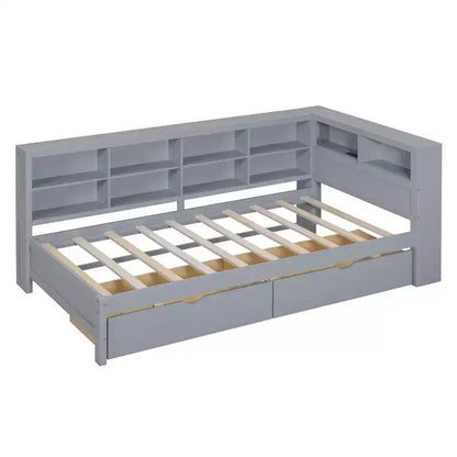 Lit de repos avec bibliothèque en L et 2 tiroirs, lit de jour en bois avec étagère de rangement et ports de chargement USB