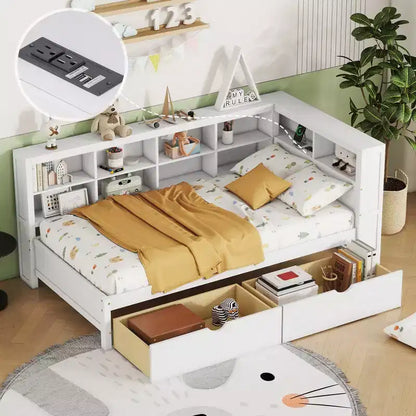 Lit de repos avec bibliothèque en L et 2 tiroirs, lit de jour en bois avec étagère de rangement et ports de chargement USB