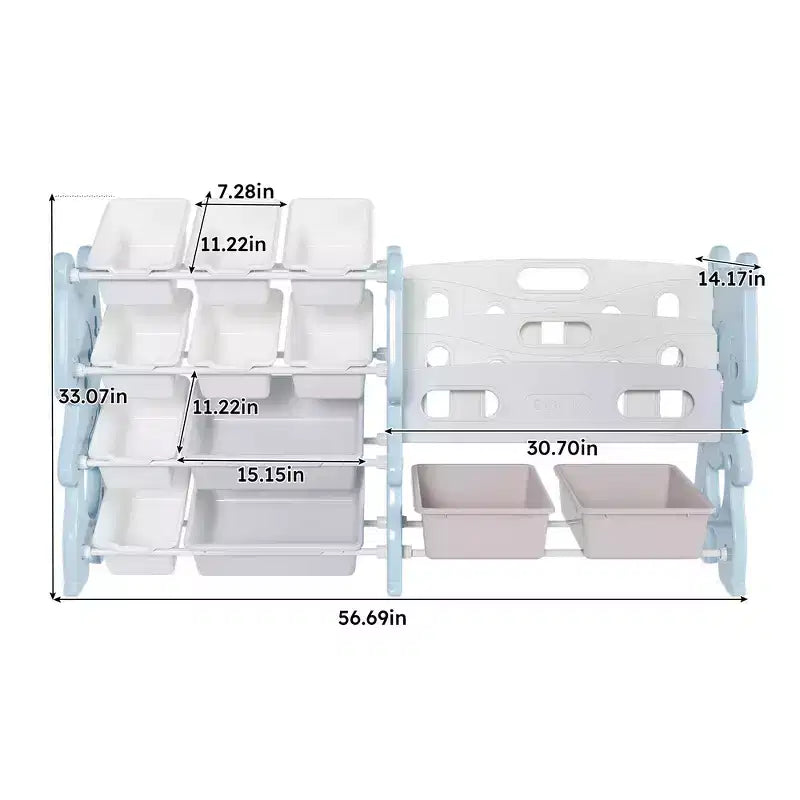 Whisen Meuble de rangement pour jouets d'enfants, Organisateur de jouets, Étagère à livres pour enfants avec 2 niveaux, Rangement de jouets avec 12 bacs de rangement
