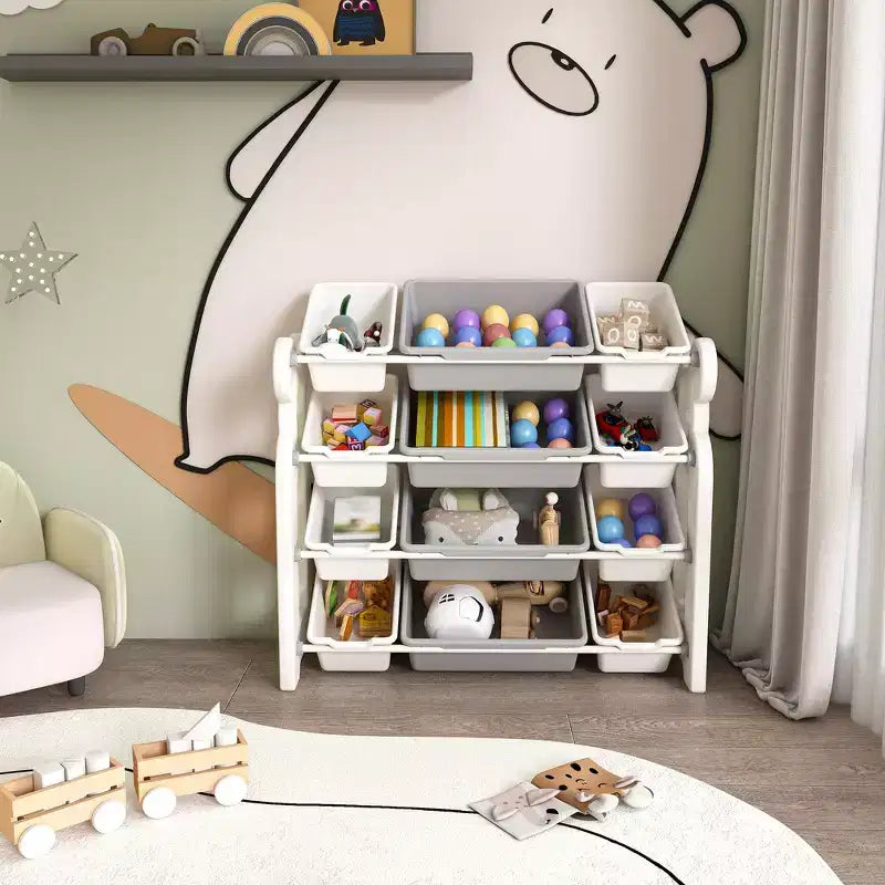 Whisen Meuble de rangement pour jouets d'enfants, Organisateur de jouets, Étagère à livres pour enfants avec 2 niveaux, Rangement de jouets avec 12 bacs de rangement