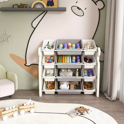 Whisen Meuble de rangement pour jouets d'enfants, Organisateur de jouets, Étagère à livres pour enfants avec 2 niveaux, Rangement de jouets avec 12 bacs de rangement