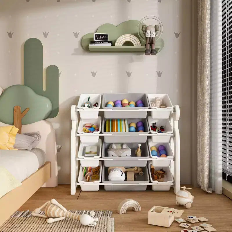Whisen Meuble de rangement pour jouets d'enfants, Organisateur de jouets, Étagère à livres pour enfants avec 2 niveaux, Rangement de jouets avec 12 bacs de rangement