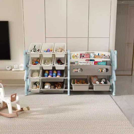 Whisen Meuble de rangement pour jouets d'enfants, Organisateur de jouets, Étagère à livres pour enfants avec 2 niveaux, Rangement de jouets avec 12 bacs de rangement