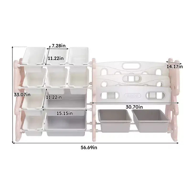 Whisen Meuble de rangement pour jouets d'enfants, Organisateur de jouets, Étagère à livres pour enfants avec 2 niveaux, Rangement de jouets avec 12 bacs de rangement