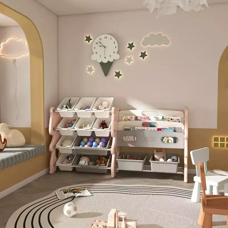 Whisen Meuble de rangement pour jouets d'enfants, Organisateur de jouets, Étagère à livres pour enfants avec 2 niveaux, Rangement de jouets avec 12 bacs de rangement
