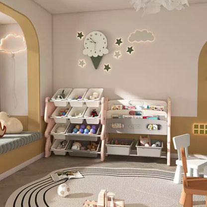 Whisen Meuble de rangement pour jouets d'enfants, Organisateur de jouets, Étagère à livres pour enfants avec 2 niveaux, Rangement de jouets avec 12 bacs de rangement