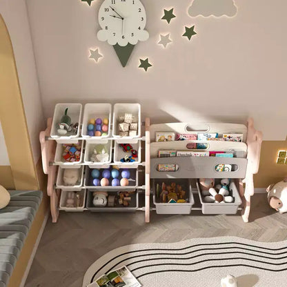 Whisen Meuble de rangement pour jouets d'enfants, Organisateur de jouets, Étagère à livres pour enfants avec 2 niveaux, Rangement de jouets avec 12 bacs de rangement