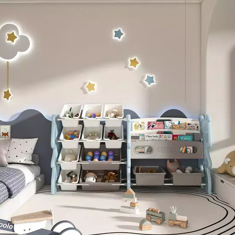 Whisen Meuble de rangement pour jouets d'enfants, Organisateur de jouets, Étagère à livres pour enfants avec 2 niveaux, Rangement de jouets avec 12 bacs de rangement