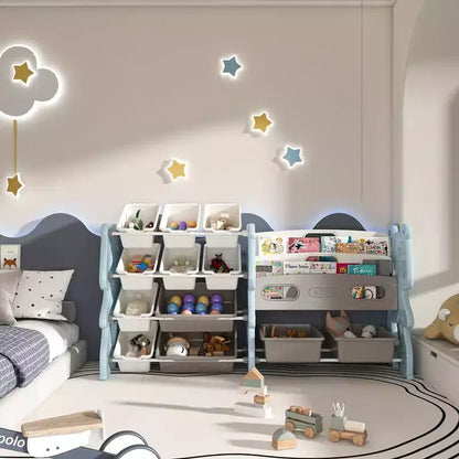 Whisen Meuble de rangement pour jouets d'enfants, Organisateur de jouets, Étagère à livres pour enfants avec 2 niveaux, Rangement de jouets avec 12 bacs de rangement