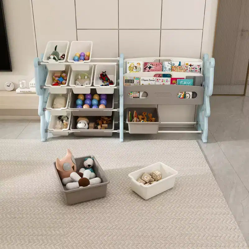 Whisen Meuble de rangement pour jouets d'enfants, Organisateur de jouets, Étagère à livres pour enfants avec 2 niveaux, Rangement de jouets avec 12 bacs de rangement