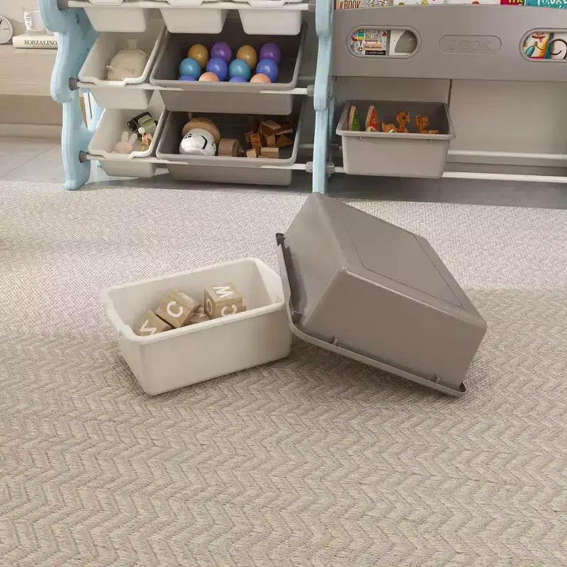 Whisen Meuble de rangement pour jouets d'enfants, Organisateur de jouets, Étagère à livres pour enfants avec 2 niveaux, Rangement de jouets avec 12 bacs de rangement